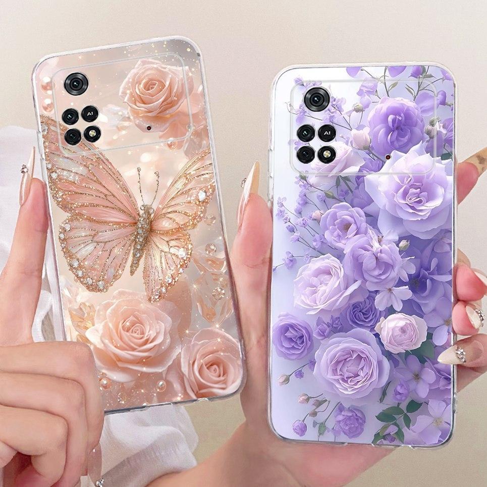 Vỏ hoa hình bướm sang trọng cho Xiaomi Poco M4 Pro 4G 5G Ốp điện thoại silicon mềm trong suốt cho PocoM4