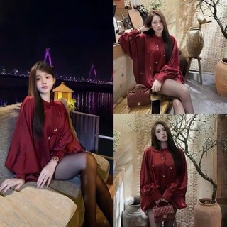 Áo Sơ Mi Tay Bồng Họa Tiết Bướm .Double - Six. Somi Babydoll Lụa Đỏ Mận Phong Cách.