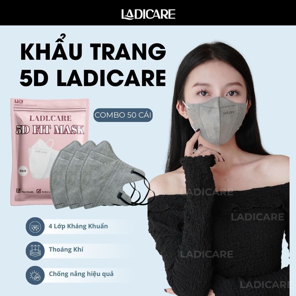 Khẩu trang 5D LADICARE [SET 50Cái]  kháng khuẩn 4 lớp cao cấp lọc bụi mịn hiệu quả, form ôm mặt