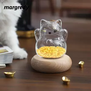 MARGREDY Cat Piggy Bank, Chai lưu trữ đậu vàng Borosilicate cao di động, Quà tặng Chai chúc mèo may mắn trong suốt