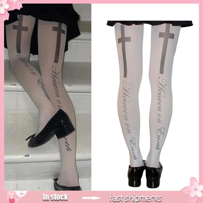 Quần Legging Gothic Nữ Opaque, Phong Cách Nhật Bản, Họa Tiết Chữ Thập và In Chữ Trắng