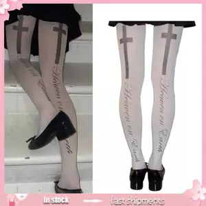Quần Legging Gothic Nữ Opaque, Phong Cách Nhật Bản, Họa Tiết Chữ Thập và In Chữ Trắng