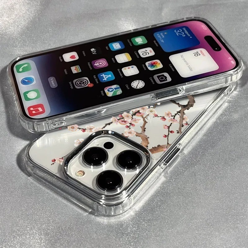 Ốp điện thoại họa tiết hoa mận sang trọng cho iPhone 17 15 16 14 13 12 11 Pro Max Air XS X XR 16e 7 8 Plus SE2 Vỏ trong suốt
