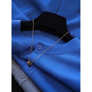 Klein Xanh Sang Trọng Cổ Tròn Dệt Kim Cardigan Nữ Xuân Thu Retro Cao Cấp Áo Len Ngắn Đáy Top C