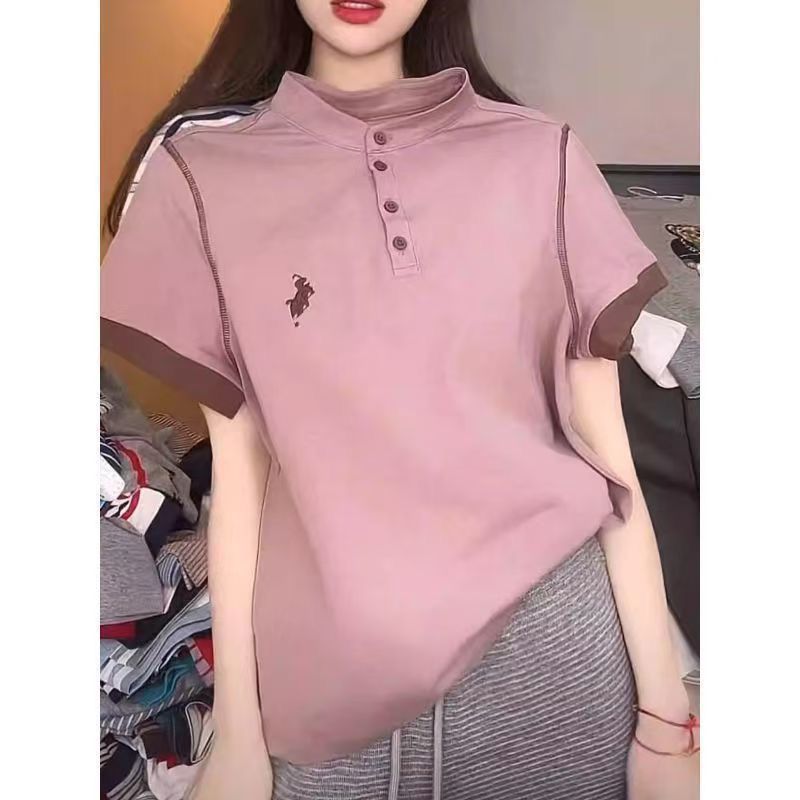 Áo sơ mi Polo thêu tay ngắn màu trơn, thời trang cho nữ