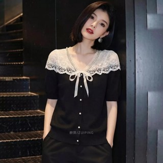 Áo Len Cổ Chữ V Tay Ngắn Nữ Nơ Ren Khâu Đen Mùa Hè Mỏng Áo Chui Đầu
