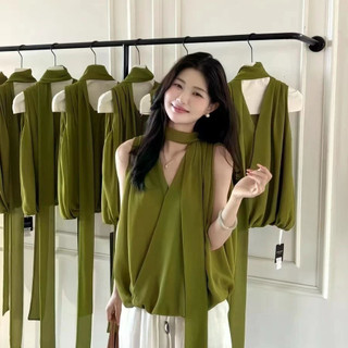 Áo sơ mi cổ chữ V không tay màu xanh lá, thiết kế ribbon phong cách Pháp, phù hợp mùa hè