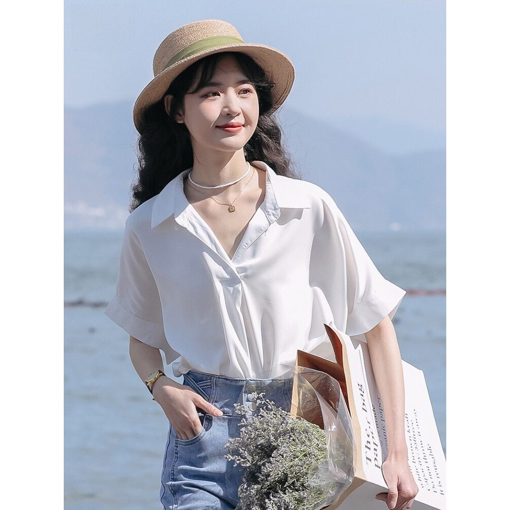 Mutu Rời Lười - Áo sơ mi voan nữ màu trắng, cổ Polo nhỏ, tay ngắn, xu hướng mới mùa hè