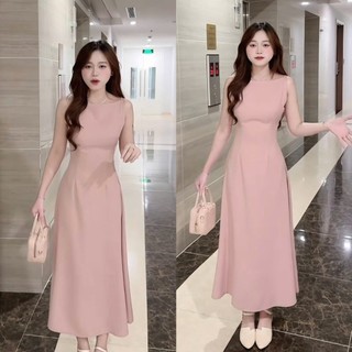 Váy maxi cổ yếm dáng dài xòe chất chéo Hàn Quốc, Váy thiết kế dáng dài chất chéo ý Hoadanbistore