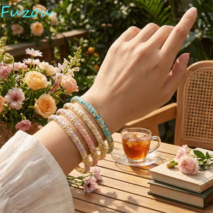Vòng tay tráng men bằng kim loại FUJIZOU, Vòng tay bằng kim cương giả họa tiết hoa đầy màu sắc, Tiệc đeo tay bằng kim cương giả phong cách dân tộc quyến rũ