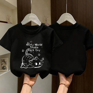 Áo thun in hình mèo dễ thương và bé gái, kiểu dáng hoạt hình thời trang, cổ tròn.