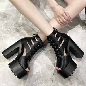 Giày Sandal La Mã Gót Dày Gót Siêu Cao Nữ Xuân Thu Phong Cách Mới Ghét Bầu Trời Cao 14cm Đế Dày Rỗng Cá Miệng Ren-U