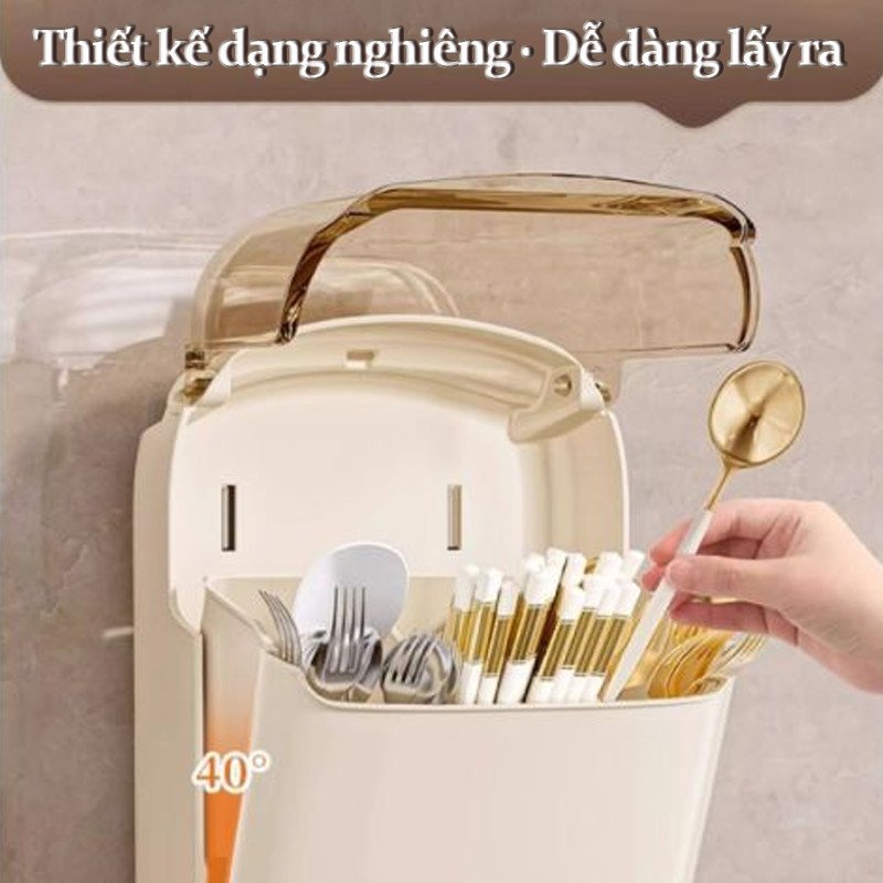 hộp đựng đũa muỗng gắn tường khay thoát nước nắp chống bụi nhựa ABS cao cấp màu trắng tiện lợi bếp