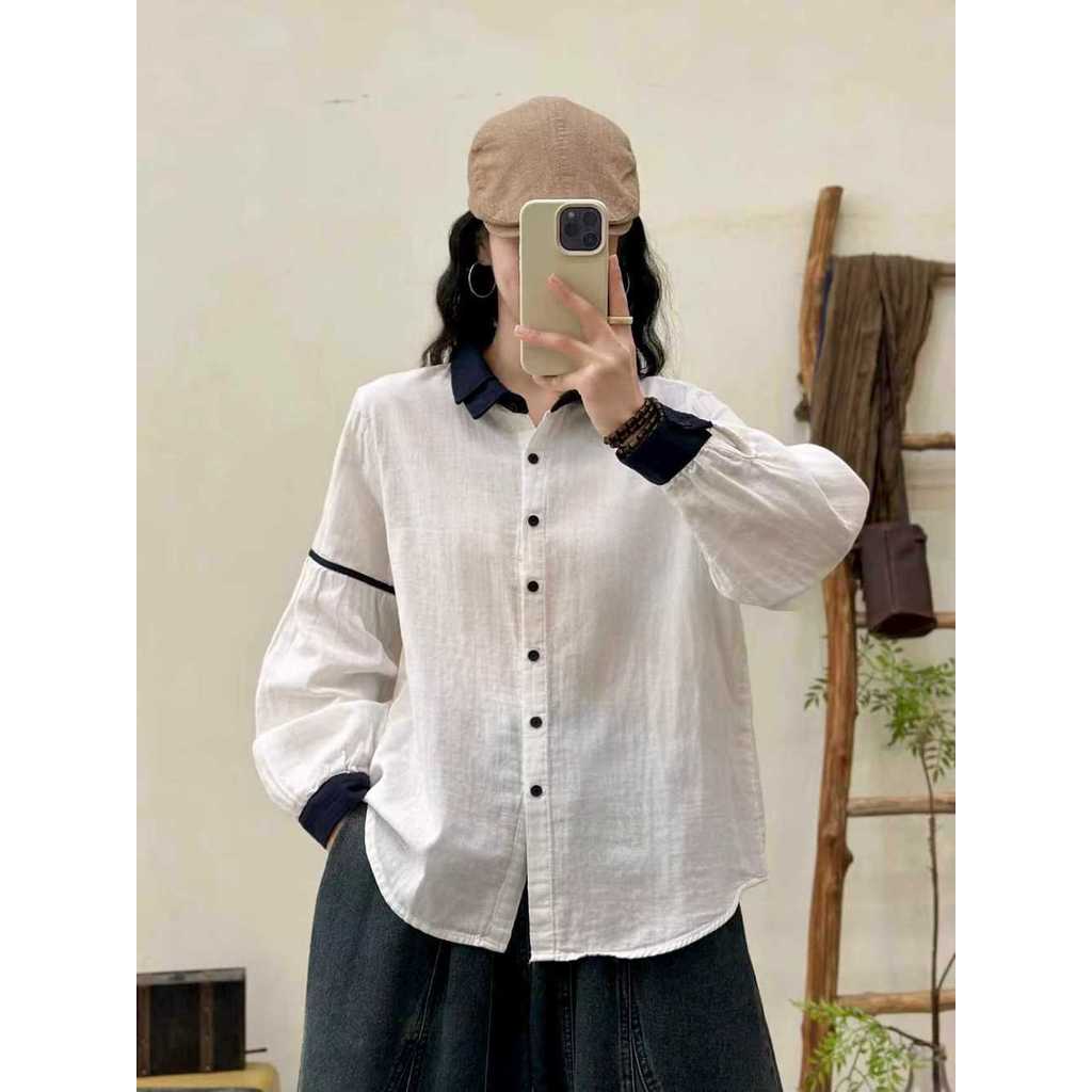 [Sẵn sàng] Áo sơ mi nữ 100% Cotton chất lượng cao Màu sắc phù hợp với áo sơ mi dài tay một ngực mùa xuân mới Skinny Top