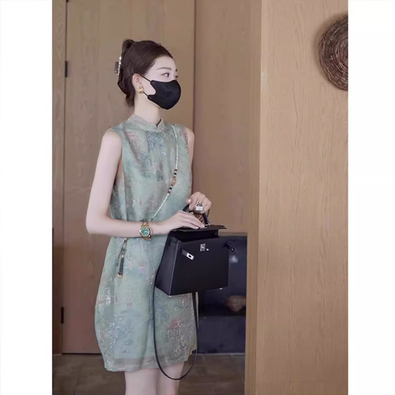 Đầm Qipao phong cách Trung Quốc mới cải tiến, kiểu dáng cổ điển, mùa hè, size lớn, áo ghi lê không tay thêu hoa dài