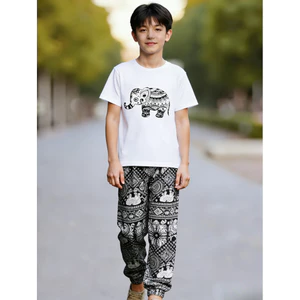 Quần áo thời trang trẻ em (quần áo + quần) Bộ đồ in hình voi cho trẻ em Bộ áo thun bé trai và bé gái