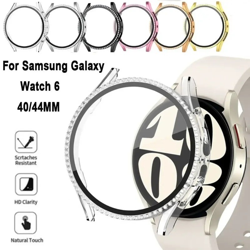 Ốp PC + Kính Cường Lực Cho Samsung Galaxy Watch 6 7 40mm 44mm Vỏ Khung Ốp Lưng Kim Cương Cho Samsung Galaxy Watch FE 5 4 40mm 44mm Bảo Vệ Màn Hình Full Cover
