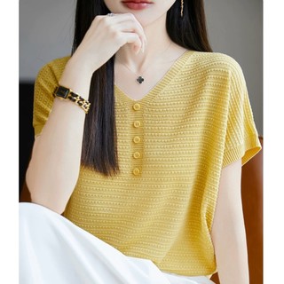 Áo len cổ chữ V tay ngắn nữ, phiên bản Hàn Quốc, phù hợp mùa hè