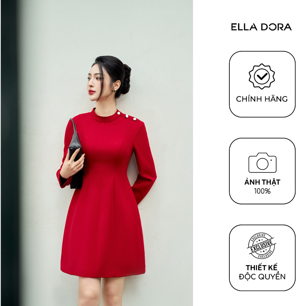 Đầm nữ ELLA DORA dáng A tay dài cổ trụ phối cúc tinh tế sang trọng phong cách công sở [D198]