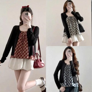 Set áo 2 dây kẻ kèm áo cardigan dài tay phong cách Hàn Quốc, Áo hai dây tiểu thư kẻ sọc Siêu xinh