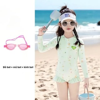 Đồ bơi liền thân cho bé gái - áo tắm tay dài chống nắng nhanh khô viền bèo dễ thương đi biển
