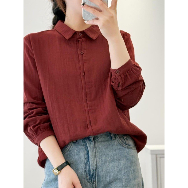 [Sẵn sàng] Áo sơ mi nữ 100% cotton chất lượng cao Áo sơ mi thêu nghệ thuật đơn giản Nút thắt dáng rộng cho bé Áo sơ mi đáy cotton