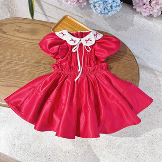 [8-26kg] Váy Tafta Cộc Tay Cổ Thêu Nơ Tết Noel Cho Bé Gái