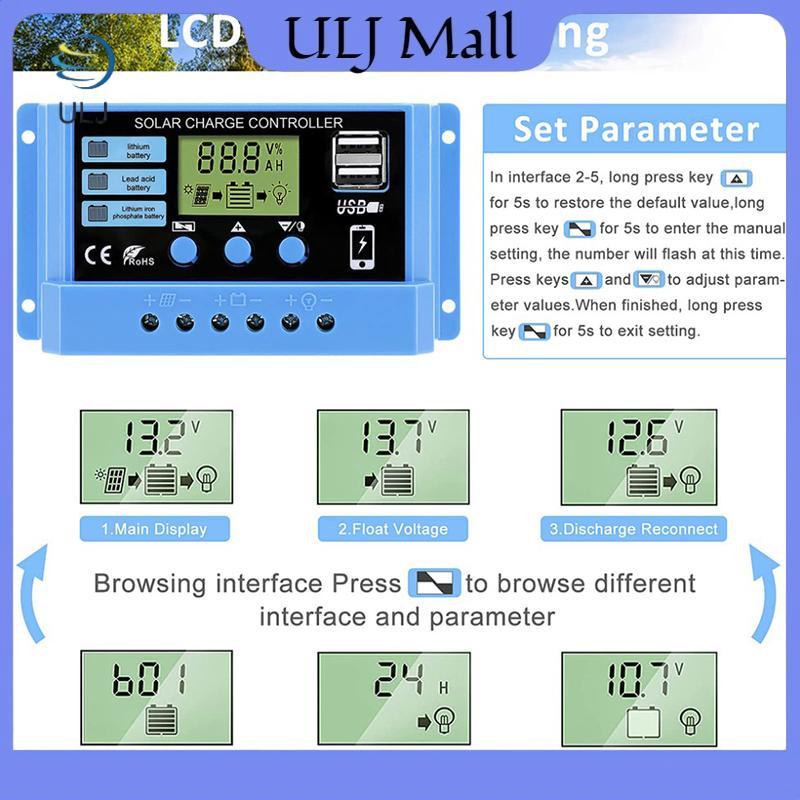 Bộ điều khiển sạc năng lượng mặt trời ULJ 30A 20A 10A 12V Bảng điều khiển năng lượng mặt trời tự động Bộ điều khiển LCD PV cho pin chì, USB kép.