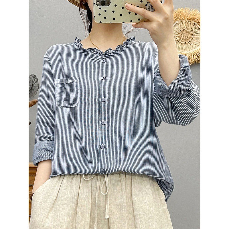Áo sơ mi nữ cotton kẻ caro, dáng rộng cổ tim, thoải mái cho mùa xuân