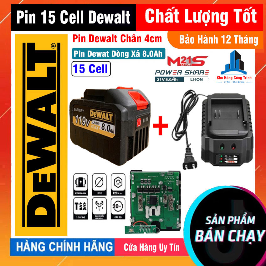 Pin 15 cell mạch 8 mosfets vỏ chống sốc, pin máy khoan Dewalt 21v chân ...