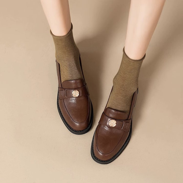 Pháp Retro Phong Cách Anh Quốc Dày Gót Giày Da Thật Slip On Camellia Giày Da Nhỏ