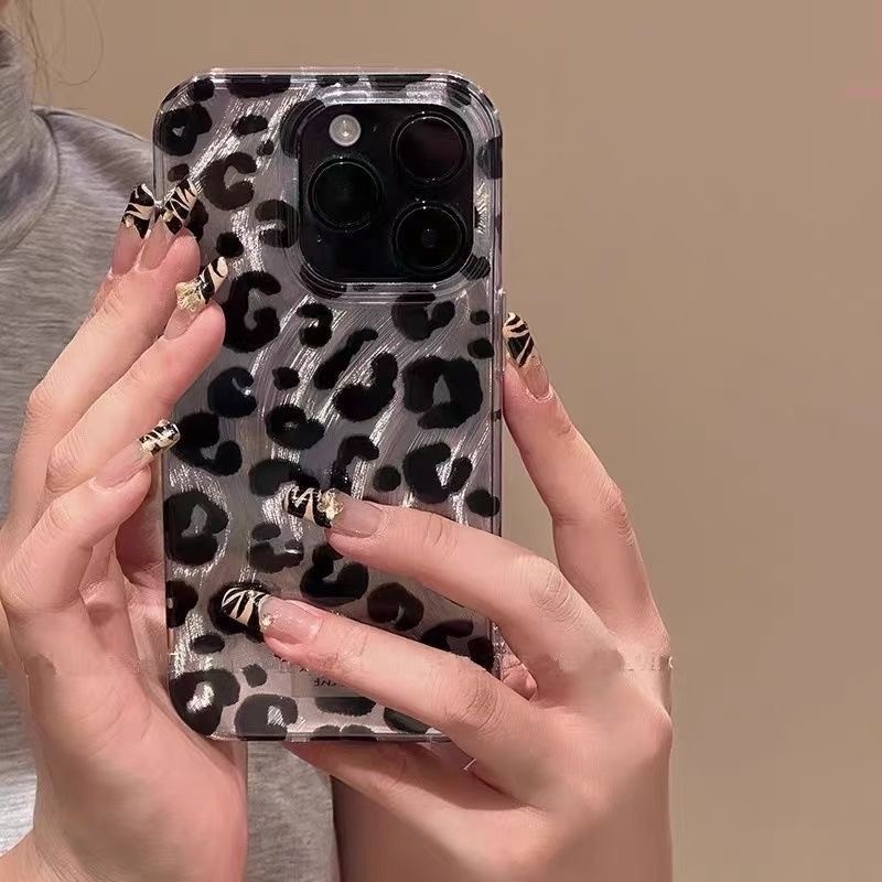 Hot girl laser black leopard print áp dụng cho điện thoại di động 17/16promax iPhone14 mới 13 sweet cool wind 15