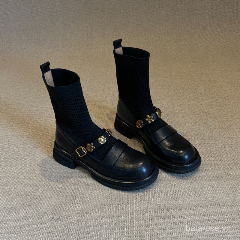 Dày Khóa Kim Loại Co Giãn Giày Bốt Ngắn Retro Phong Cách Đại Học Dệt Kim Mỏng Giày Nữ Đa Năng Loafers Tất Giày Bốt