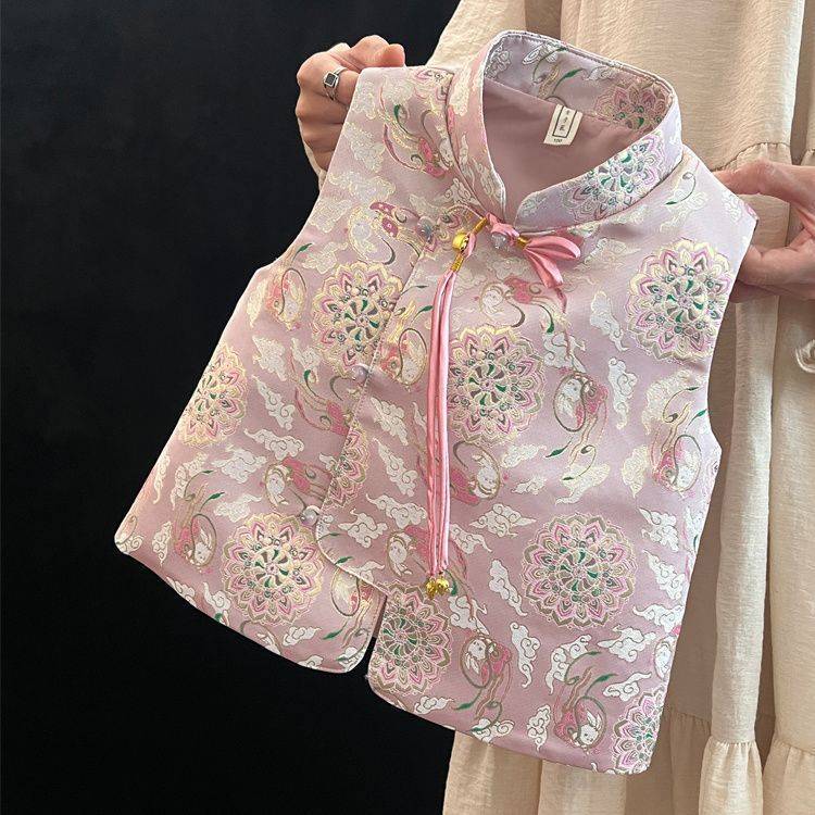 Bé Gái Phong Cách Trung Hoa Áo Vest Phong Cách Trung Hoa Mới Hanfu Phong Cách Mới Nhỏ Vừa Trẻ Em Bé Jacquard Đường Phù Hợp Với Sườn Xám Áo Vest Trẻ Em Áo Khoác