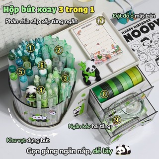 Hộp đựng bút để bàn nhiều ngăn - Kệ đựng mỹ phẩm, cute xoay 360 tiện lợi, tặng nhãn dán gấu trúc cho học sinh đa năng