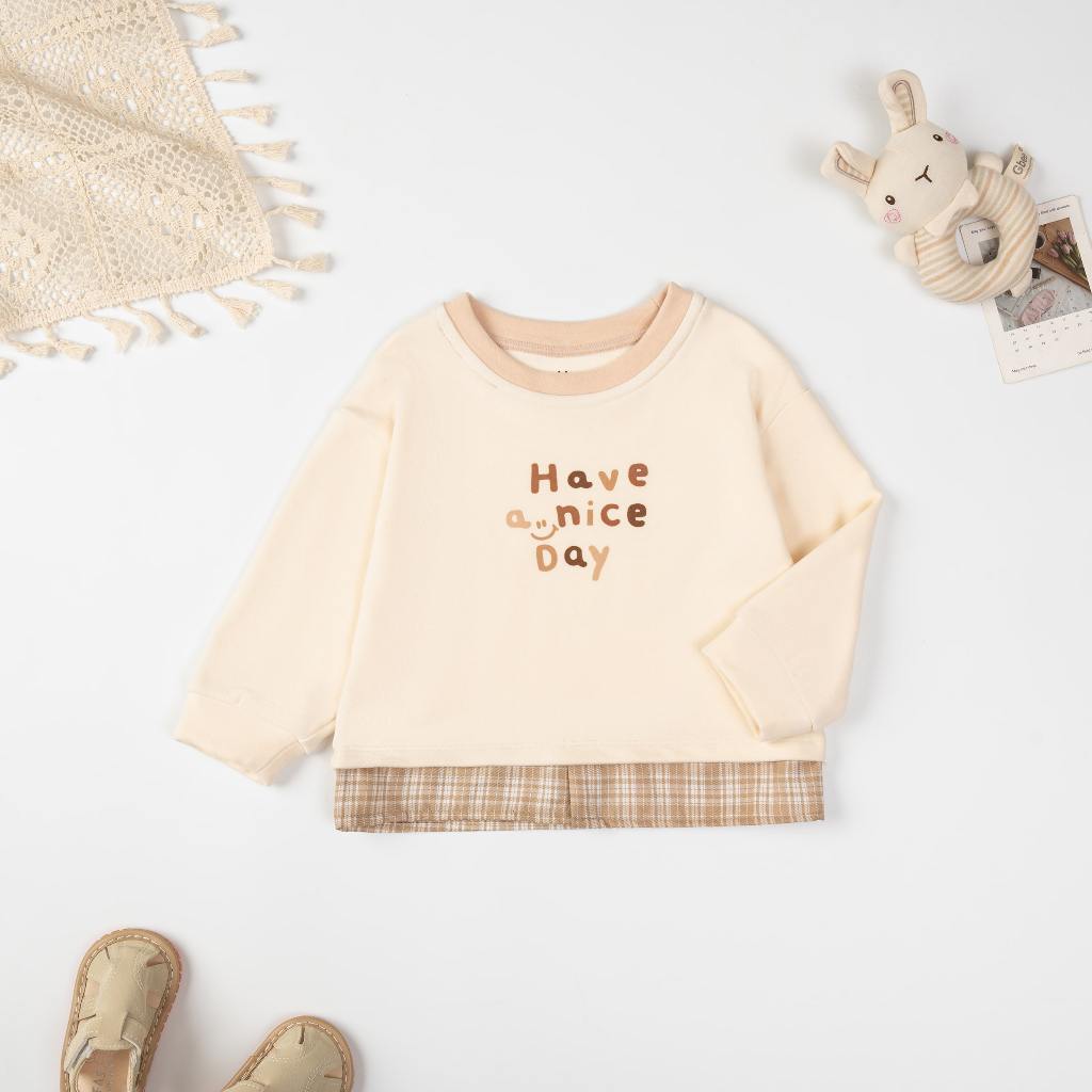 Bộ quần áo bé trai bé gái Unbee dài tay thu đông phối vạt kẻ chất liệunỉ bamboo cào lông