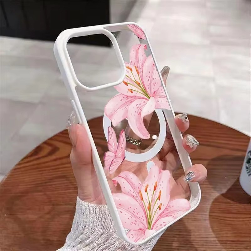 Dành Cho iPhone 16 15 11 12 13 14 Pro 17 Max 14 15 Plus 16e Ốp Lưng Hoa Lượn Màu Hồng Trong Suốt Từ Tính Cứng Điện Thoại Chống Sốc