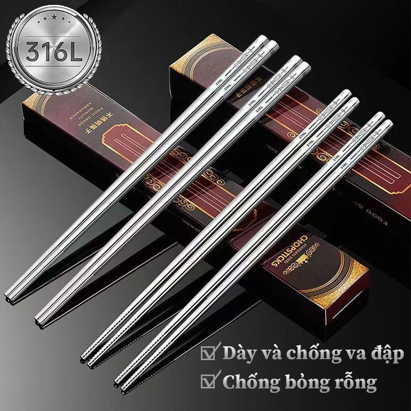 Set 10 Đôi Đũa Inox 316 Cao Cấp - Thiết Kế Vân Khắc Sang Trọng, Cán Chống Trượt An Toàn, Đũa Ăn Cơm Bền Bỉ