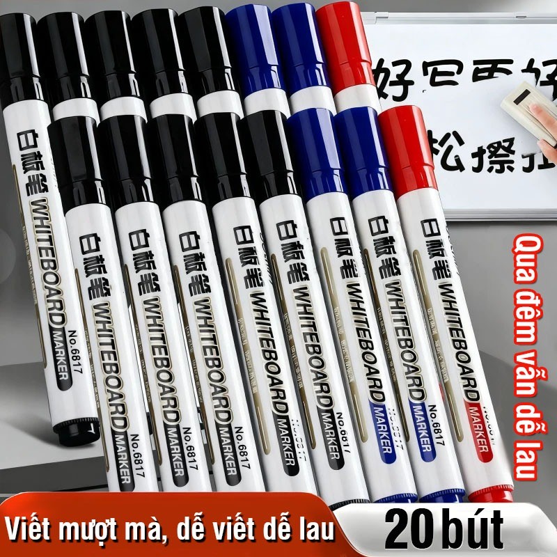 Bút lông viết bảng xoá được siêu sạch, bộ 20 chiếc màu đen xanh, phụ kiện văn phòng tiện lợi và tiết kiệm