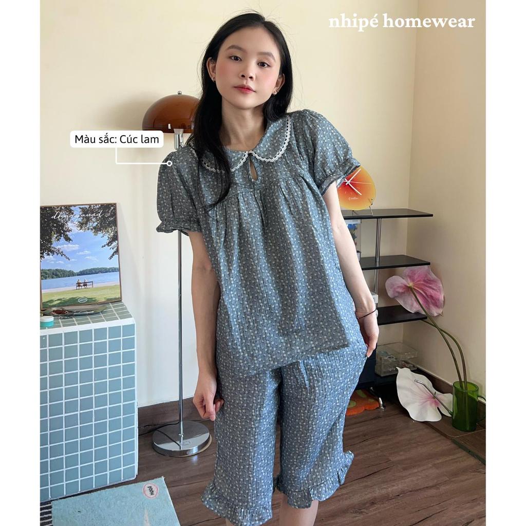 Bộ đồ xô tay bồng quần lửng cổ sen Nhipé homewear nữ set đồ ngủ mặc nhà chất liệu cao cấp mềm mịn thoáng mát