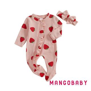 MG-Baby Girls Xù Romper Bộ áo liền quần dài tay in hình dâu tây và bộ băng đô dễ thương cho trẻ sơ sinh mới biết đi