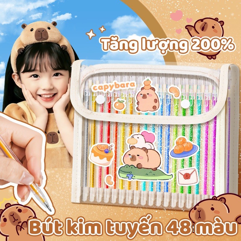 Bút highlight nhiều màu kim tuyến – Thiết kế dễ thương tem Capybara, bộ 12/24/36 cây cho học sinh