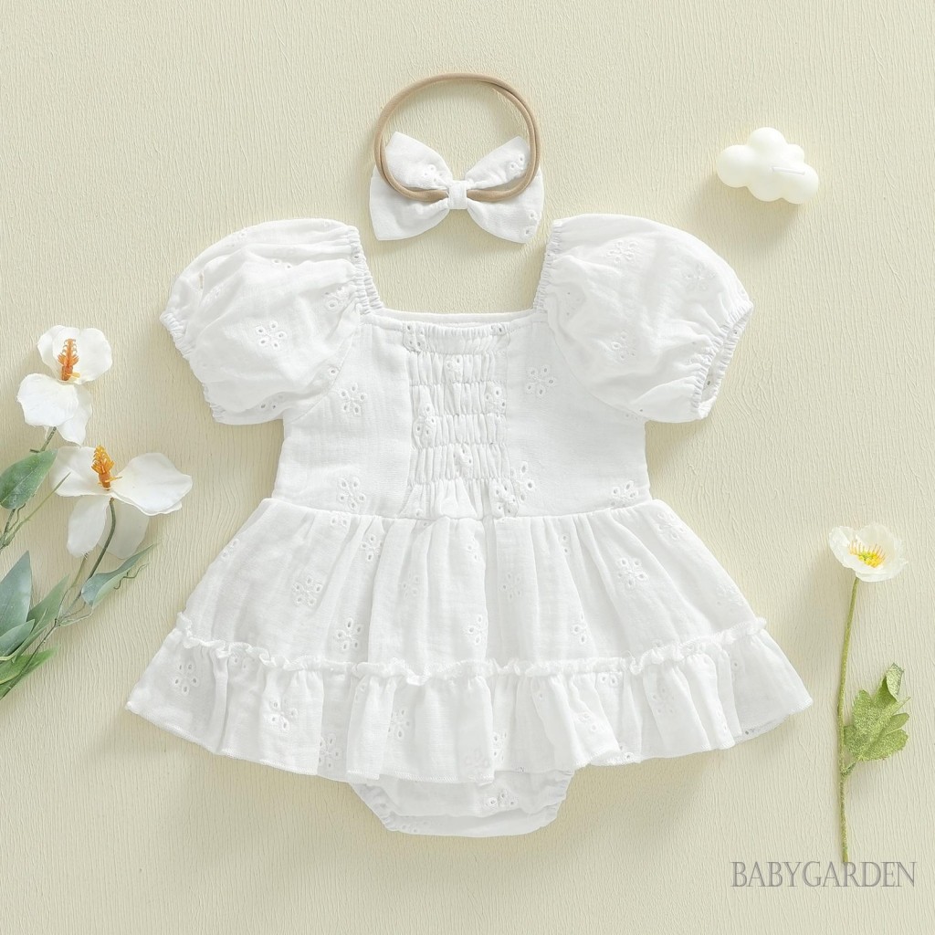 Bé Gái Hoa Thêu Ngón Tay Xù Viền Tay Ngắn Váy Liền Quần Và Nơ Băng Đô Trắng Cho Bé Showe / Lễ Rửa Tội