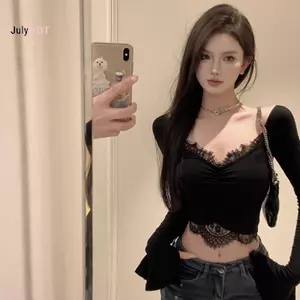 Áo thun Modal vải tay dài cổ chữ V với ren nối décolleté ngắn, style công chúa thanh lịch