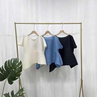 Áo thun nữ Miyake xếp ly, tay ngắn, thoáng mát mùa hè