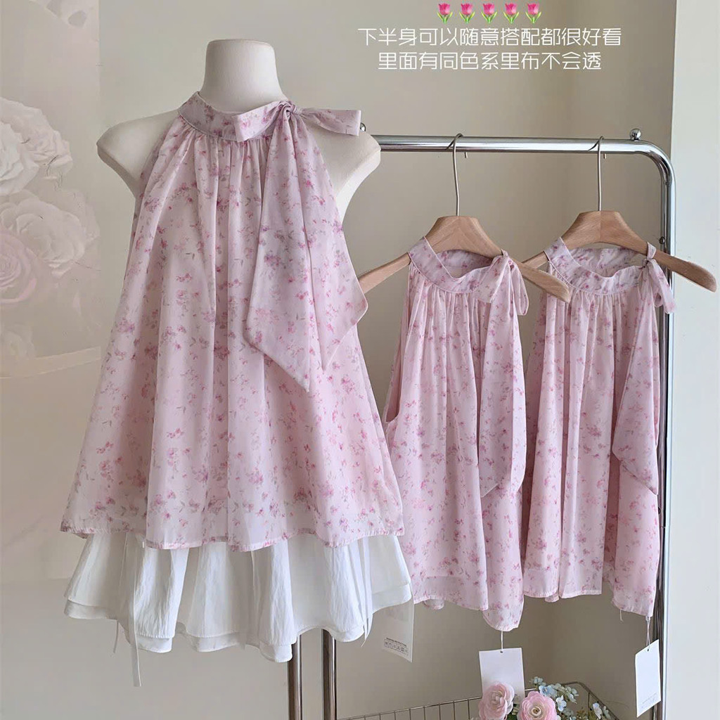 Áo voan cổ yếm buộc nơ dáng suông họa tiết hoa nhí ngọt ngào kiểu Pháp BASHOP SP437