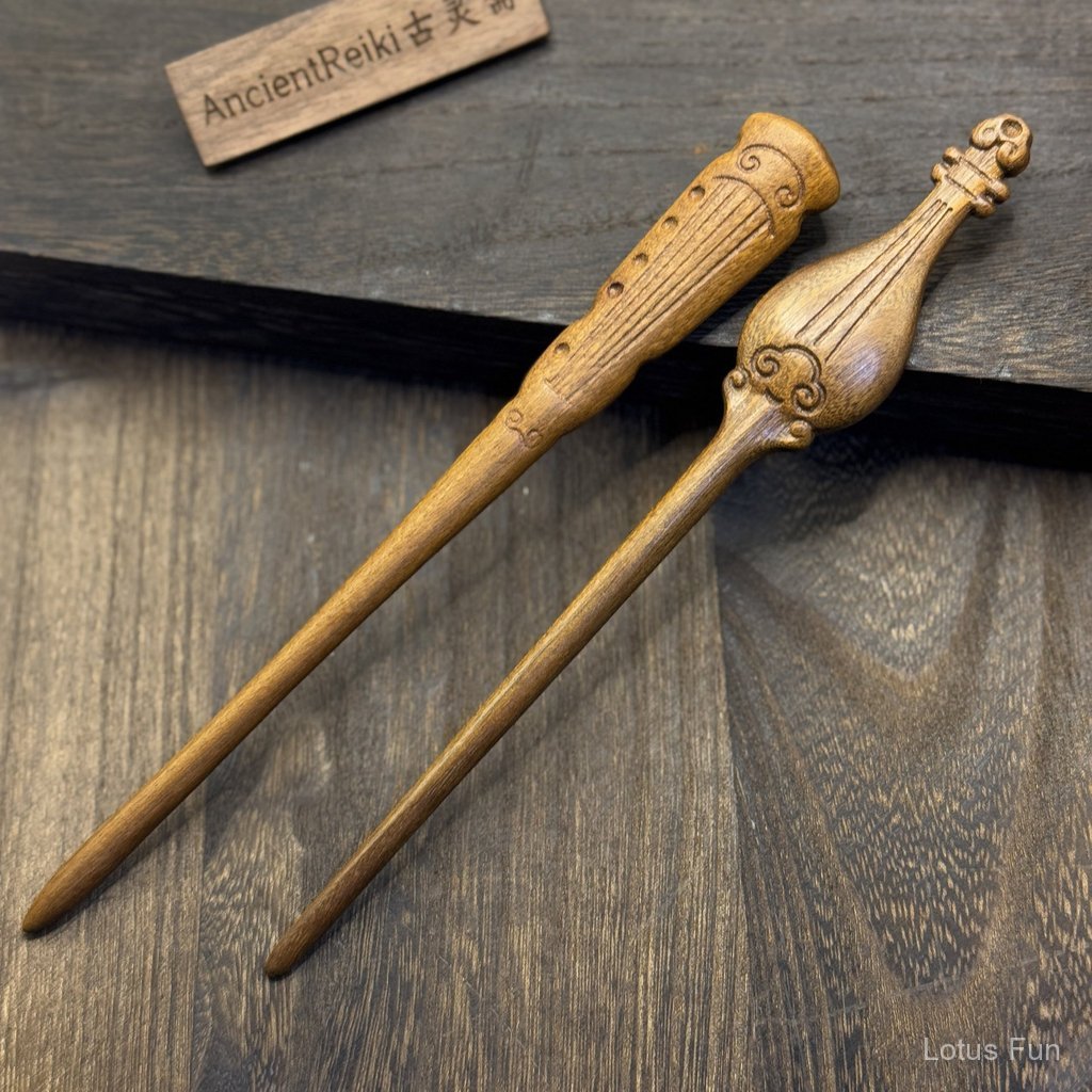 【Bá Nha Tuyệt Huyền】20cm Kim Ti Đàn Mộc Tỳ Bà Cổ Cầm Hình Trâm Tóc Không Sơn Không Nhuộm Cá Tính Cổ Điển Trung Quốc Phong Cách Cổ Trang Hán Phục Bàn Tóc Trang Sức
