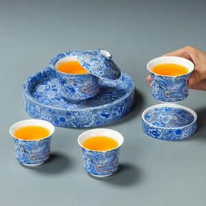 Bộ Ấm Chén Khải Tiềm Trà Bằng Sứ Trắng Cảnh Đức Trần Họa Tiết Thanh Long