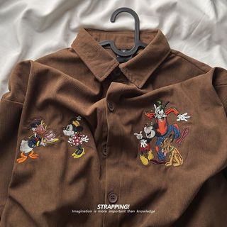 Áo sơ mi tay ngắn thiết kế hoạt hình Mickey & Donald vịt thêu dây, phong cách retro từ Nhật Bản