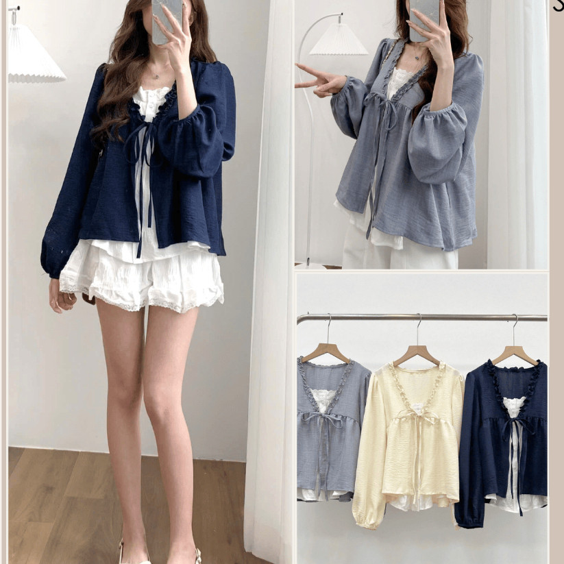 Áo Babydoll Phối Viền Bèo 2 Lớp Thắt Nơ A3123  - Fashion 73